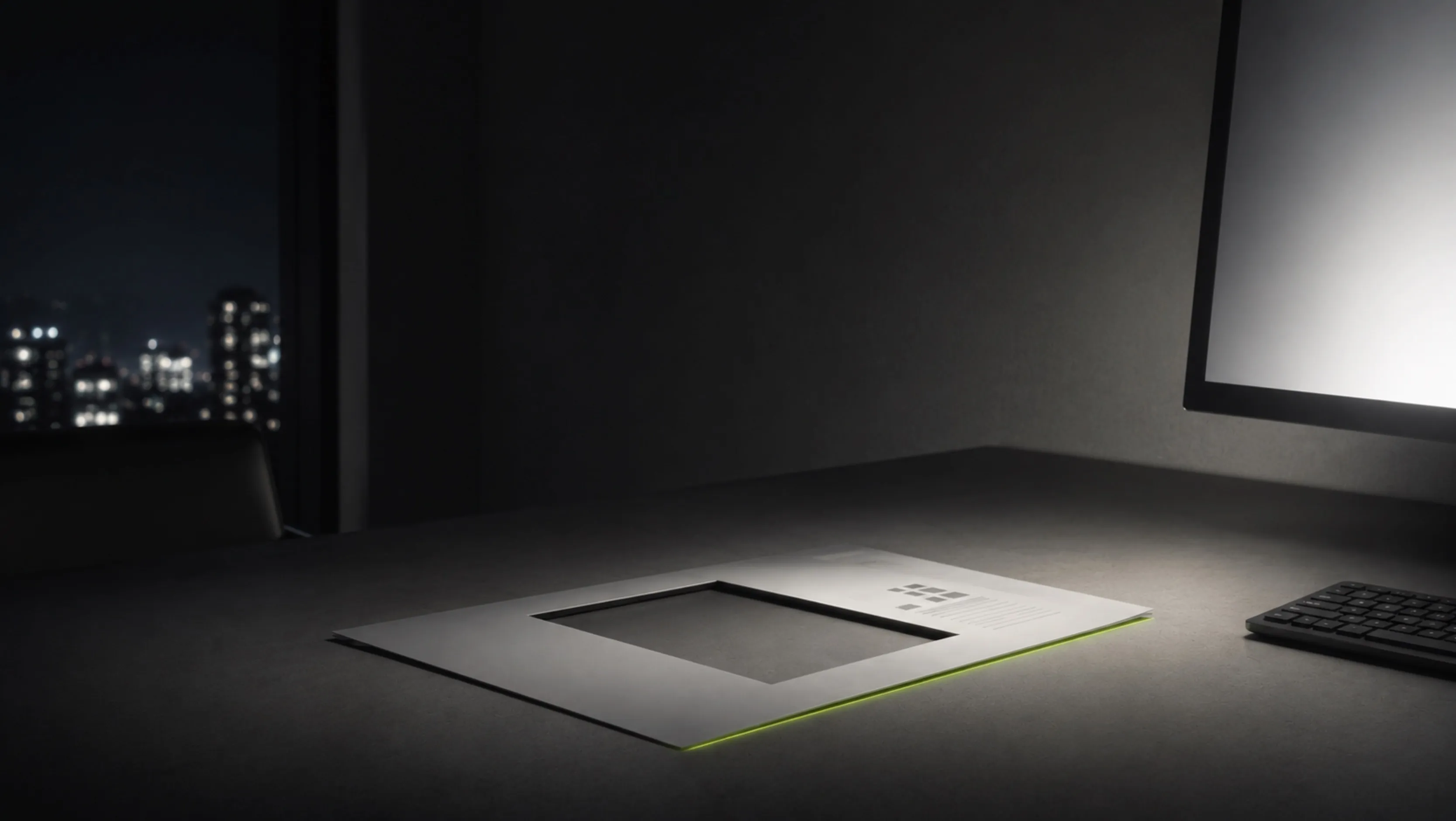 In a darkened office at night, a polished-looking report sits on a desk, hollowed out by an empty rectangle at its centre, its edge lit by an olive-green glow: a deliverable that looks finished but is empty.