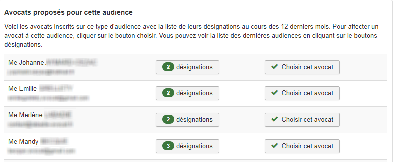 Pour choisir l'avocat qui sera présent à cette audience, la CARPA dispose du nombre de présences déjà effectuées par chaque avocat sur l'année courante. Les avocats sont affichés par ordre croissant de présences.