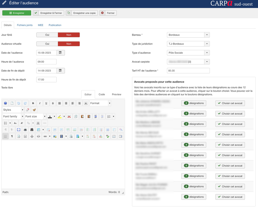 Pour créer une audience il ne suffit pas de mettre une date, cela demande beaucoup de manipulations diverses comme choisir le barreau, le type de juridiction, le type d'audience, etc.. Aujourd'hui la Carpa n'a plus besoin de renseigner ses données manuellement, elles sont proposées par l'application métier et les listes des choix dépendent des choix faits en amont.