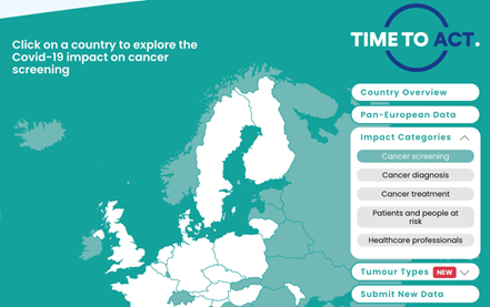 Joomla Development: Time to Act Data Navigator for European Cancer Organisation. The interactive map allows displaying data by impact category (detection, treatment, diagnosis, etc..)