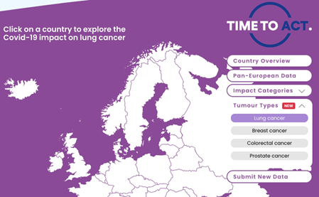 Développement Joomla : Time to act Data navigator pour European Cancer Organisation. La carte interrsactive permet d'afficher les données par type de tumeur (poumon, sein, prostate, etc…)